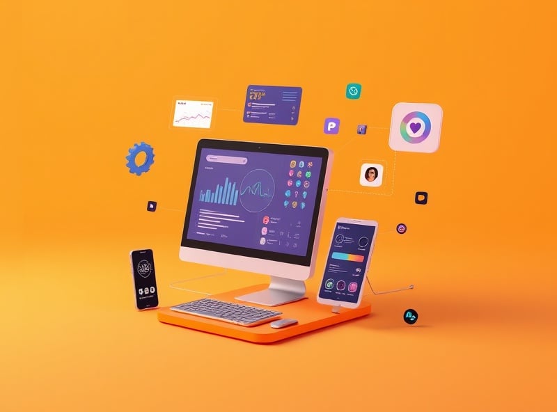 Digital solutions and services showcase - workspace with computer and development tools